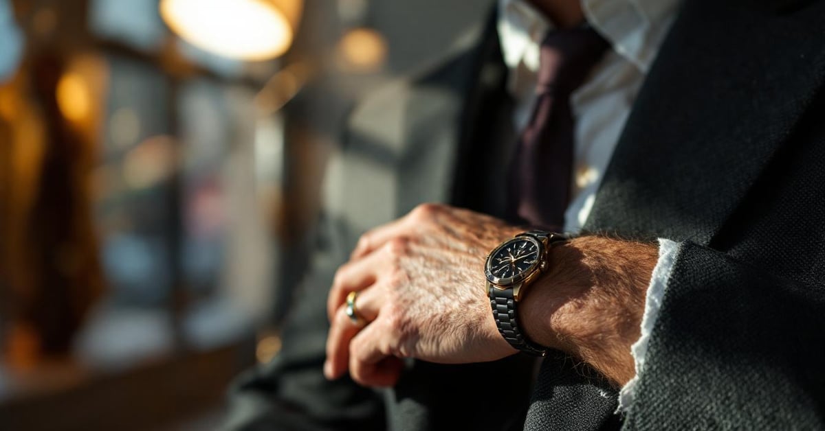 Homme élégant portant des bijoux de luxe, capturé dans un cadre moderne et naturel.