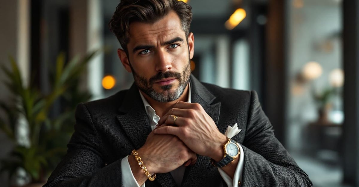 Homme élégant portant des bijoux de luxe dans un cadre moderne, représentant l'élégance masculine.