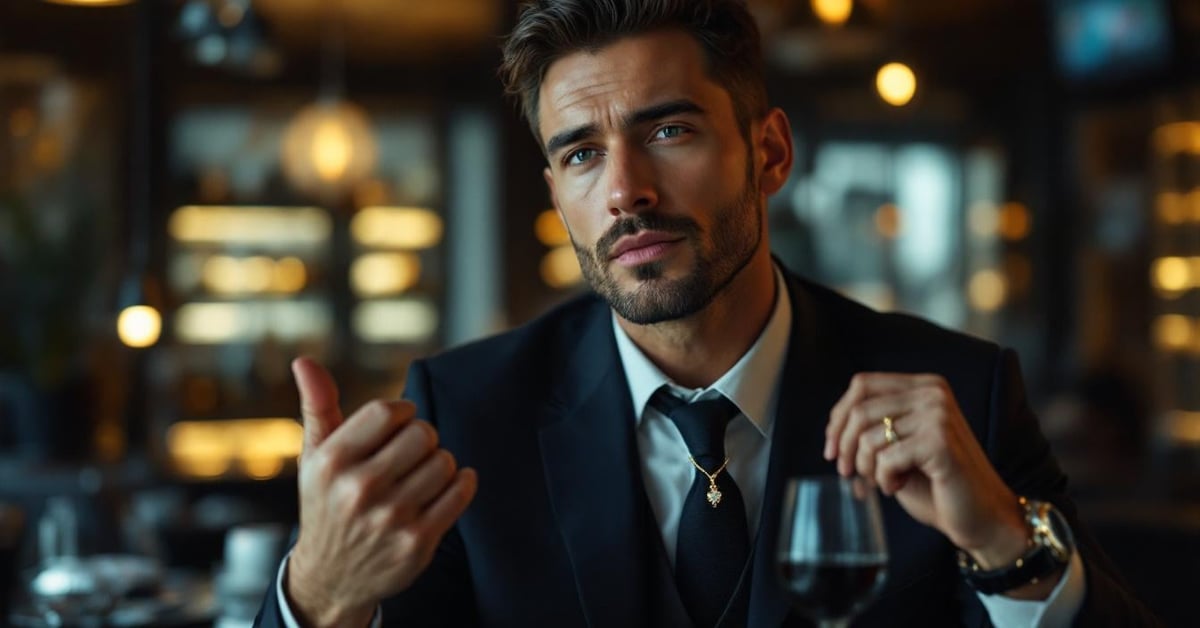 Homme élégant portant des bijoux de luxe dans un cadre moderne avec éclairage naturel.