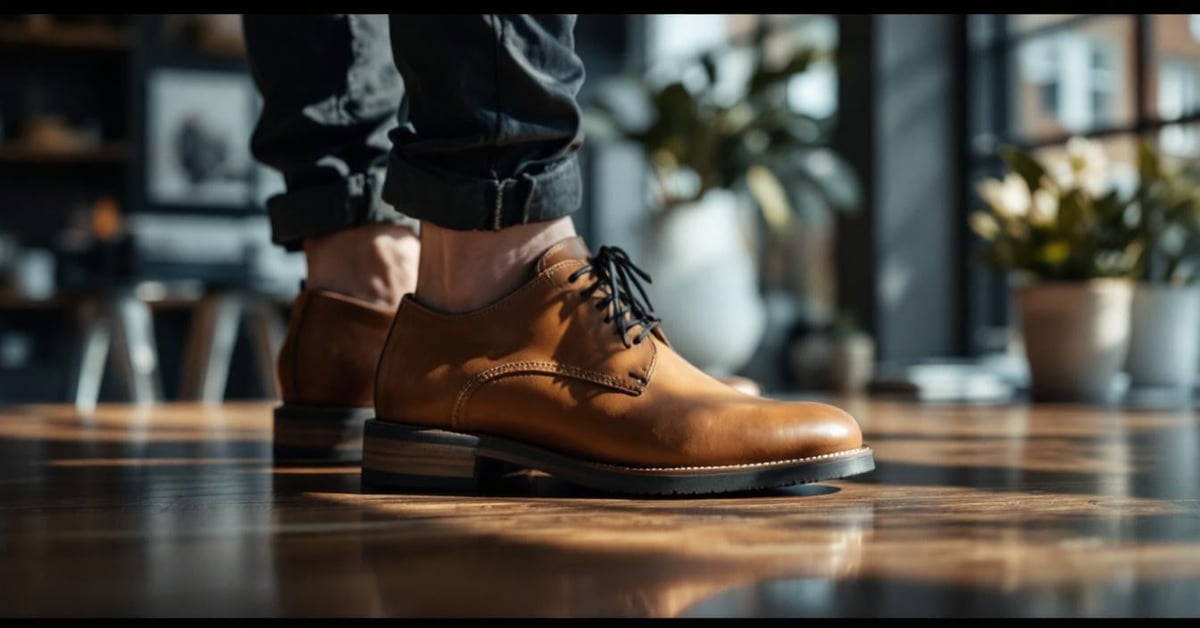Photographie d'une chaussure de marque homme en gros plan, capturée dans un style photojournalistique.