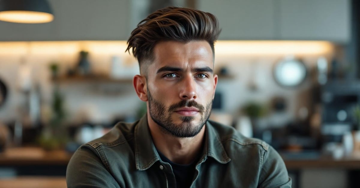 Homme avec une coupe de cheveux tendance, photographié dans un style photojournalistique moderne.