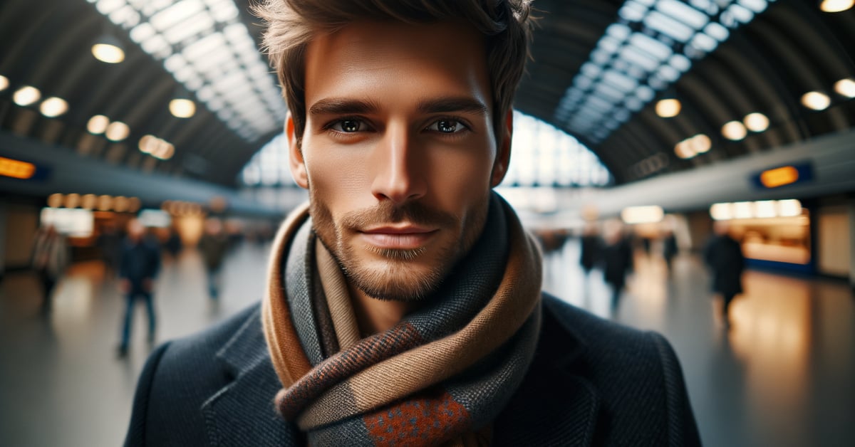 Homme portant un foulard élégant dans un cadre moderne, capturé en photographie éditoriale.