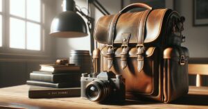 Photo d'un sac homme élégant en cuir marron dans un cadre moderne, capturée en lumière naturelle.