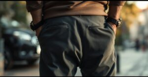 Photo de pantalons homme modernes capturée avec un Canon EOS R5, en lumière naturelle, sans texte ni logos.