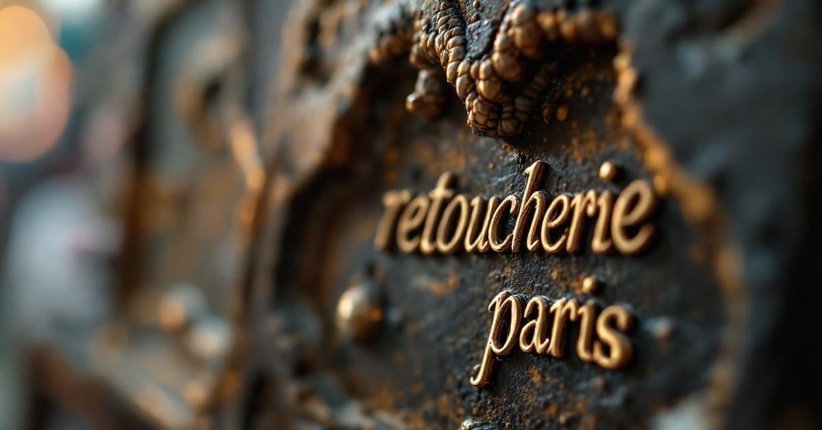 Gros plan détaillé d'une retoucherie à Paris avec textures et matériaux.