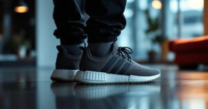 Chaussures Adidas homme posées sur une surface moderne, photo éditoriale en lumière naturelle