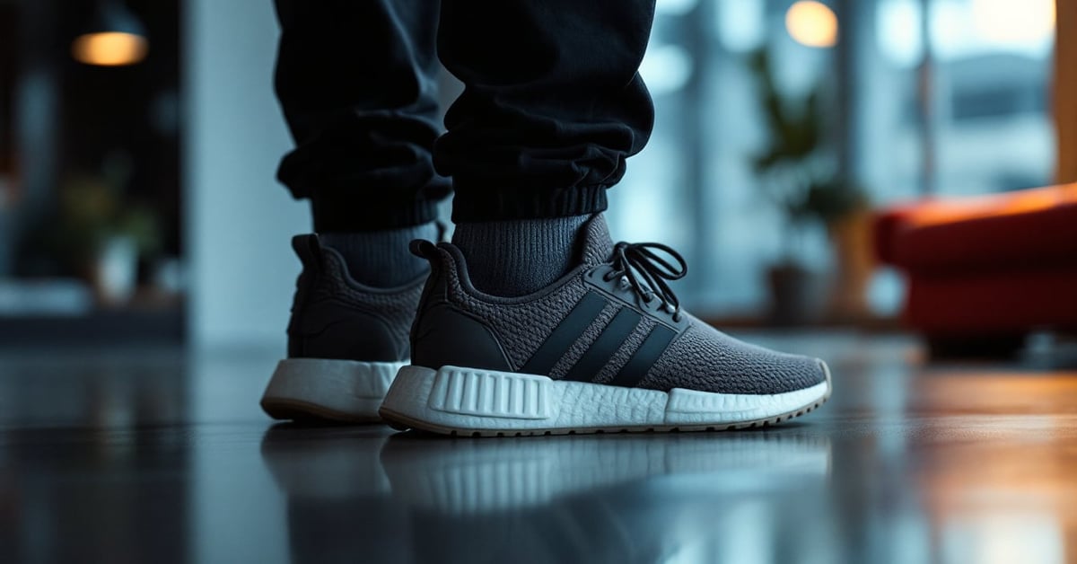 Chaussures Adidas homme posées sur une surface moderne, photo éditoriale en lumière naturelle