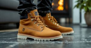 Chaussures Timberland pour homme posées sur une surface moderne, photo éditoriale en lumière naturelle