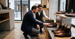Chaussures homme luxe en cuir pleine fleur, finitions artisanales soignées sur fond épuré