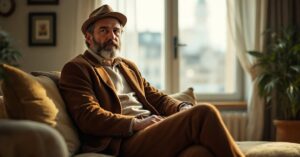 Homme élégant portant un pantalon en velours côtelé, coupe slim, couleur bordeaux, style moderne et raffiné