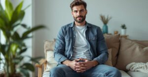 Guide taille Levi's homme : homme essayant un jean Levi's pour trouver la bonne coupe