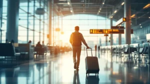 Voyageur avec sac à dos et valise marchant dans un hall d'aéroport